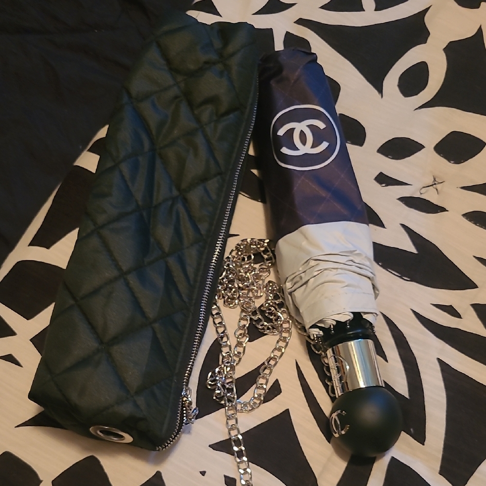 CHANEL Quilted Black and Silver Umbrella